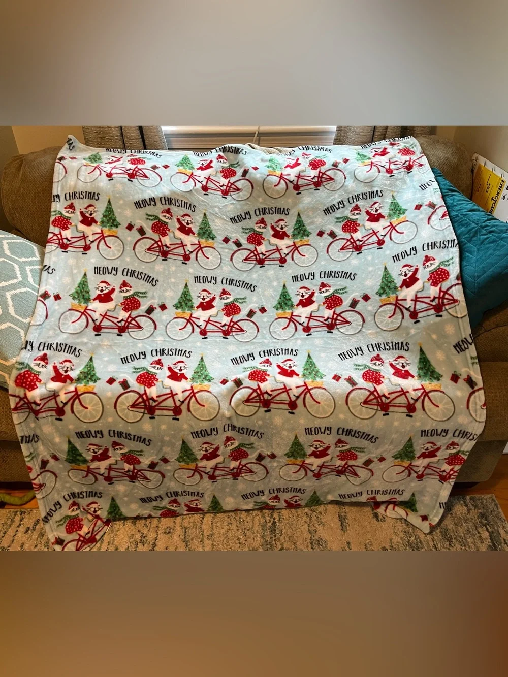Holiday 'Meowy Christmas' Cat Plush Throw Blanket - Red, Green on Light Blue